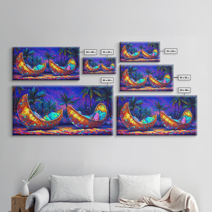 Glowing Crescent Moon Hammocks Under Palms Framed Canvas Print, Tropical Wall Art For Boho Bedroom Decor And Summer Home Decor