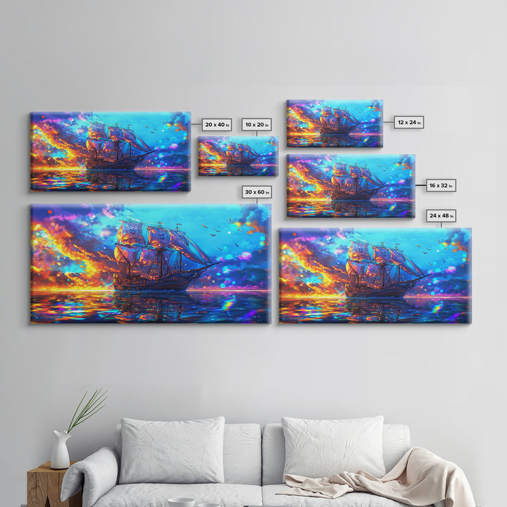 Tall Sailing Ship At Fiery Sunset Framed Canvas Print, Nautical Wall Art For Coastal Decor Ocean Wall Decor And Seascape