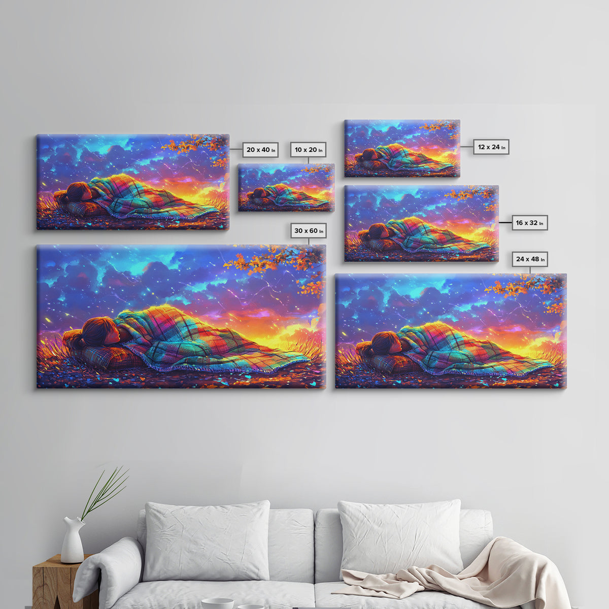 Sleeping Under Rainbow Blanket At Sunset Framed Canvas Print, Cozy Wall Art For Bedroom Decor, Calming Landscape Wall Art