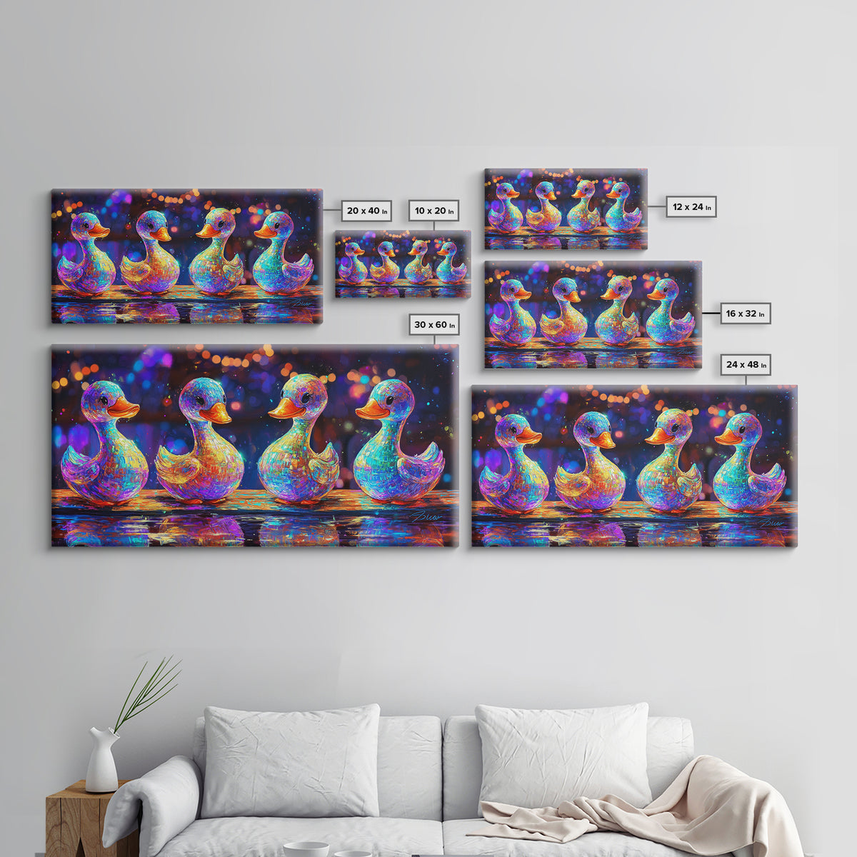 Four Rainbow Rubber Ducks In A Row Canvas Print, Whimsical Animal Wall Art For Bathroom Decor And Kids Room Decor Gift Idea