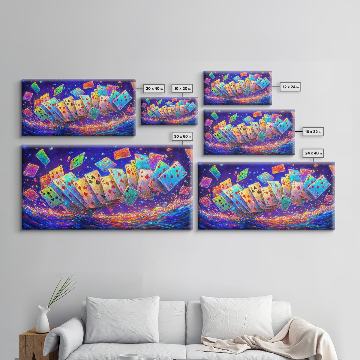 Exploding Neon Playing Cards Canvas Print, Game Room Wall Art, Poker Wall Art, Man Cave Decor, Maximalist Home Decor Gift