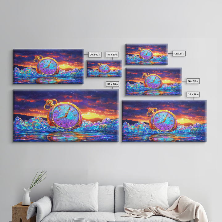 Golden Pocket Watch In Icy Sea Framed Canvas Print, Surreal Wall Art, Steampunk Decor, Time Traveler Fantasy Art Home Decor Gift