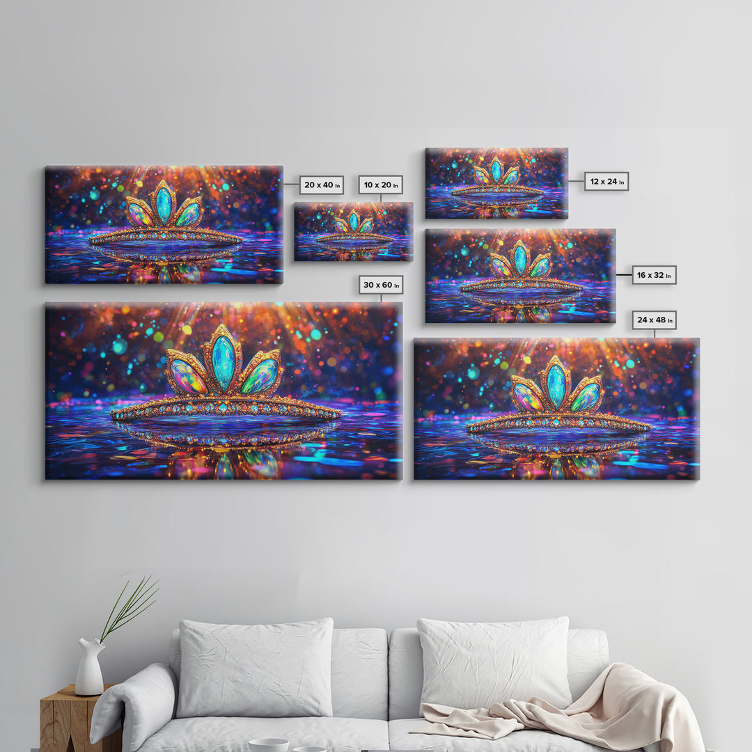 Jeweled Tiara With Rainbow Reflections Framed Canvas Print, Princess Wall Art, Glam Wall Decor, Feminine Gift For Her, Bedroom Decor