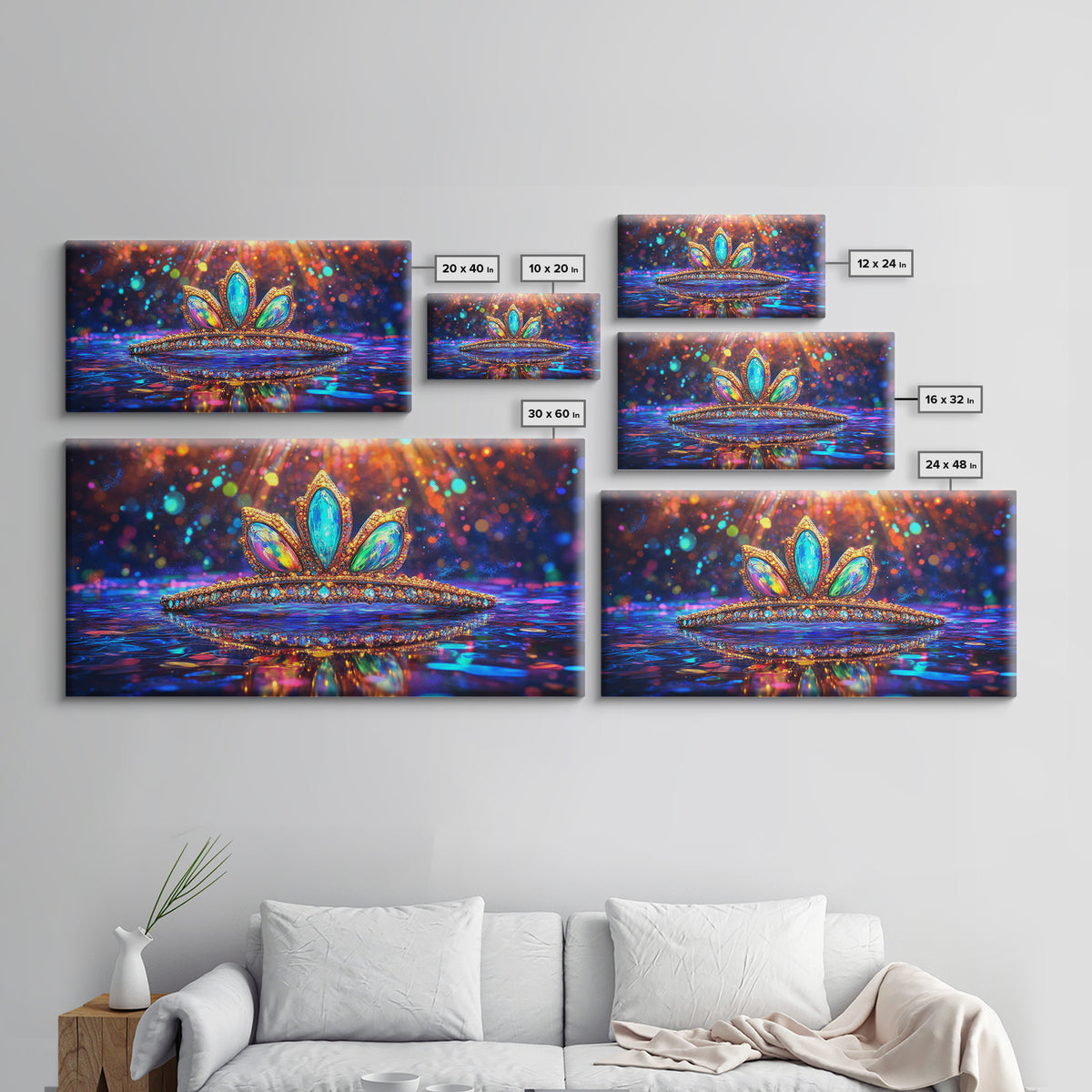 Jeweled Tiara With Rainbow Reflections Framed Canvas Print, Princess Wall Art, Glam Wall Decor, Feminine Gift For Her, Bedroom Decor