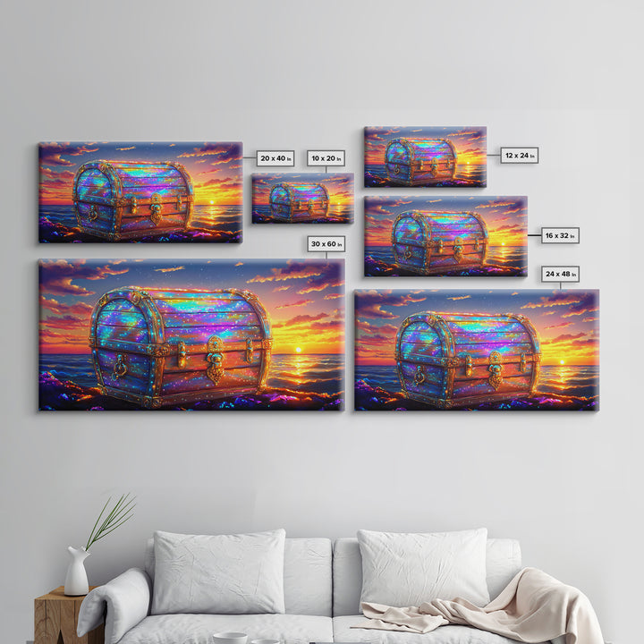 Glowing Treasure Chest At Ocean Sunset Canvas Print, Fantasy Wall Art, Coastal Decor, Adventure Gift, Beach House Decor Art