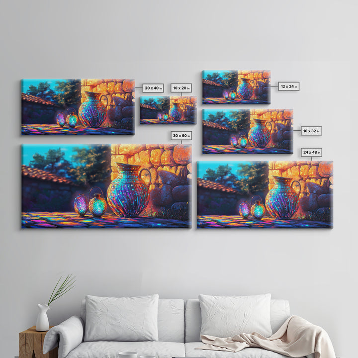 Mediterranean Blue Ceramic Jugs Wall Art, Rustic Canvas Print, Italian Home Decor, Stone Courtyard Patio Decor Gift For Her