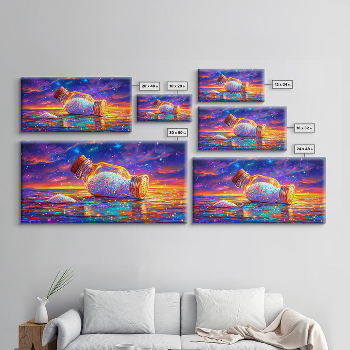 Sparkling Salt Bottle At Sunset Canvas Print, Coastal Kitchen Wall Art, Colorful Seascape Decor, Foodie Housewarming Gift