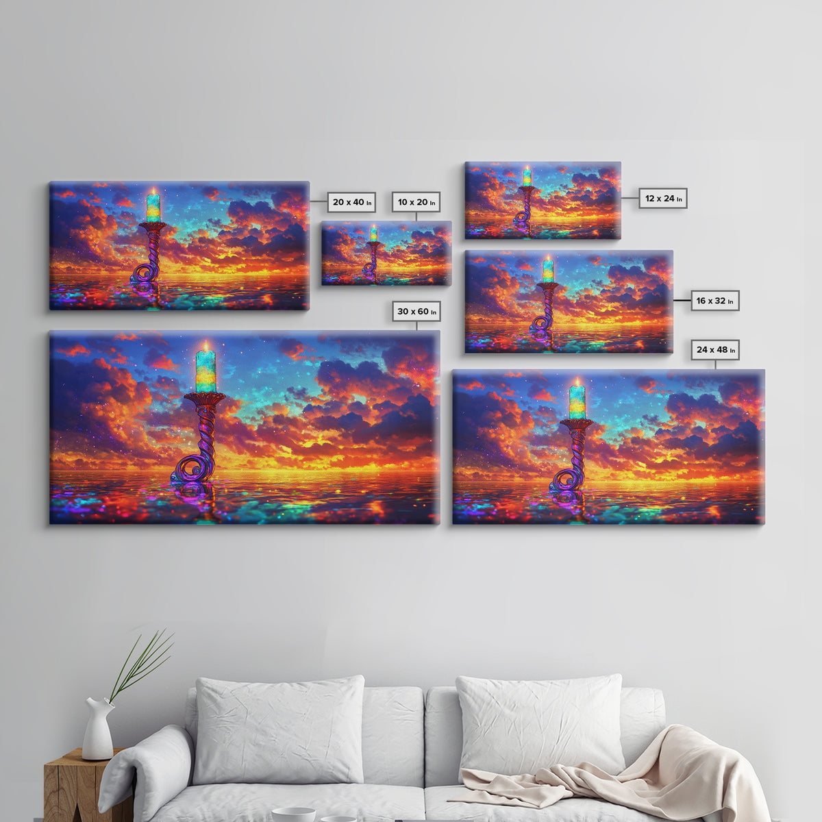 Glowing Candle Over Sunset Ocean Wall Art, Coastal Seascape Painting, Spiritual Home Decor, Calming Living Room Wall Decor