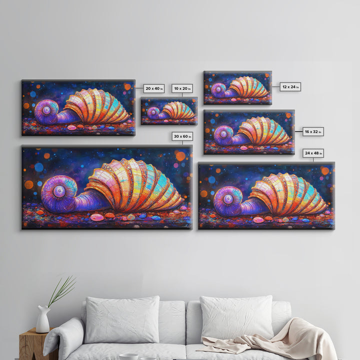 Glowing Spiral Seashell On Pebble Shore Canvas Print, Nautical Coastal Wall Art, Beach House Decor, Ocean Life Art Print