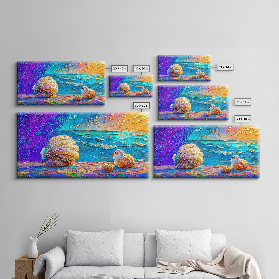 Bright Seashells And Tiny Bird By Turquoise Waves Framed Canvas Print, Coastal Wall Art, Beach House Decor, Ocean Painting