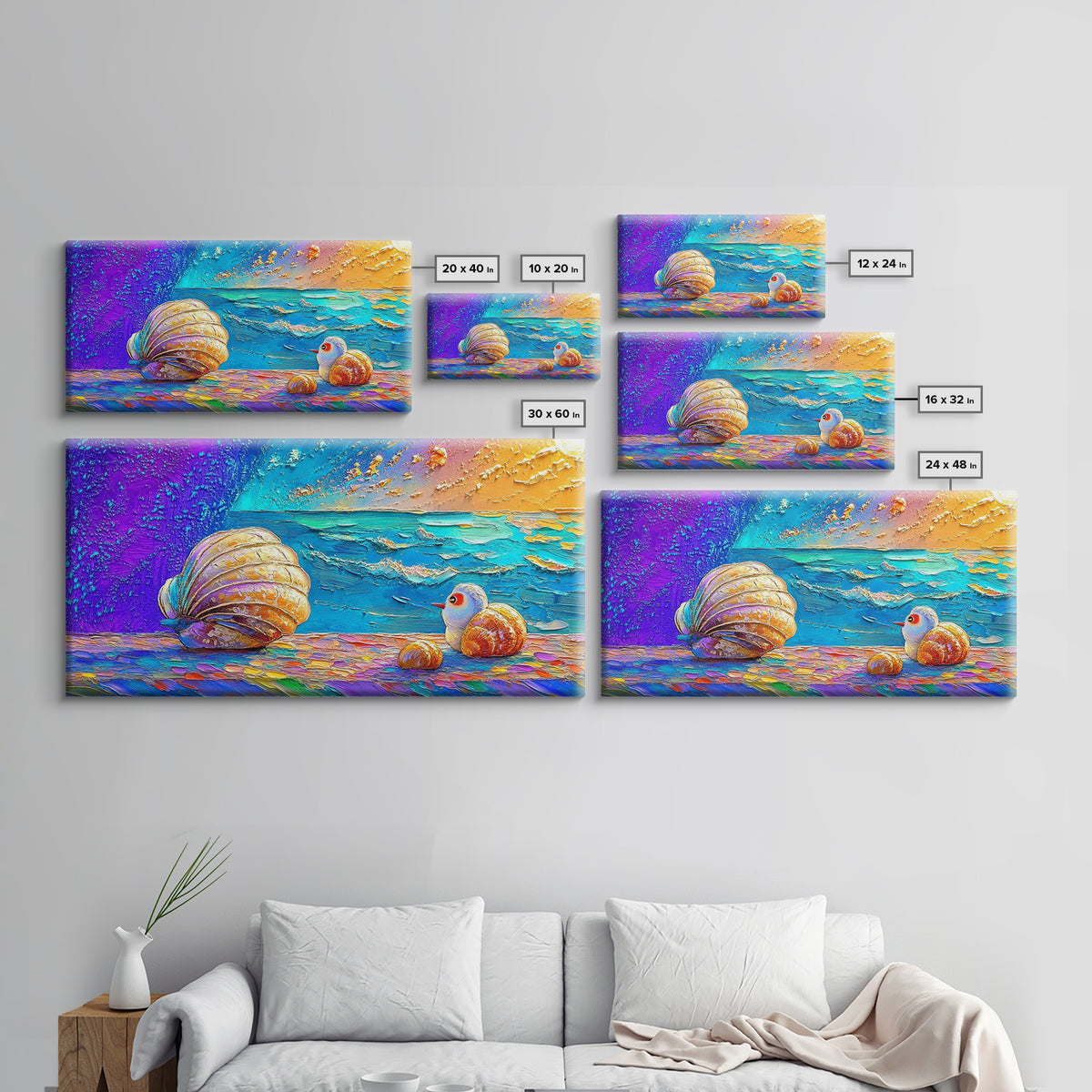 Bright Seashells And Tiny Bird By Turquoise Waves Framed Canvas Print, Coastal Wall Art, Beach House Decor, Ocean Painting
