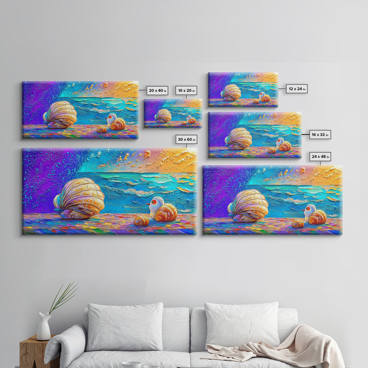 Bright Seashells And Tiny Bird By Turquoise Waves Framed Canvas Print, Coastal Wall Art, Beach House Decor, Ocean Painting