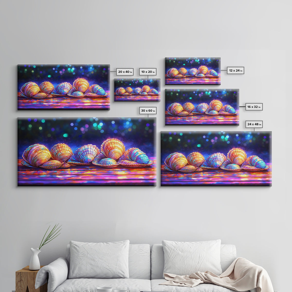 Glowing Clam Shells On Neon Table Canvas Print, Colorful Coastal Wall Art, Beach House Decor, Nautical Gallery Wall Art