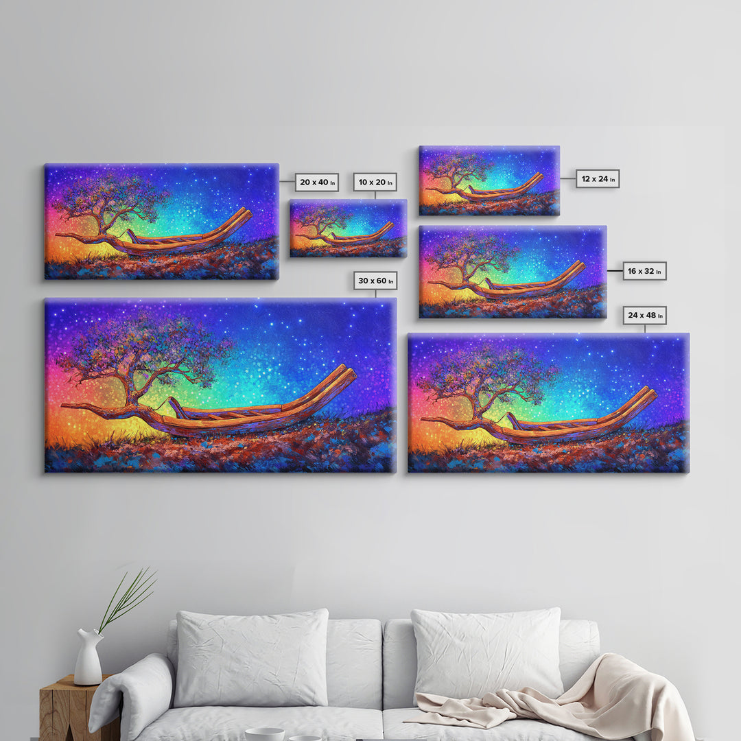 Wooden Canoe With Tree Under Stars Canvas Print, Whimsical Wall Art, Nature Wall Decor, Celestial Art, Unique Gift, Home Decor