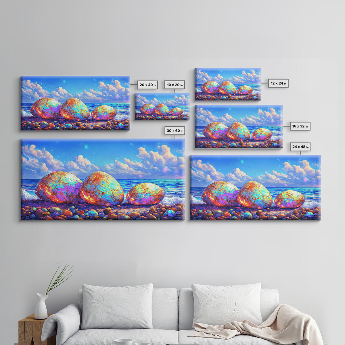 Iridescent Pebbles On Sunny Beach Canvas Print, Coastal Wall Art, Ocean Art Print, Beach House Decor, Colorful Nature Art