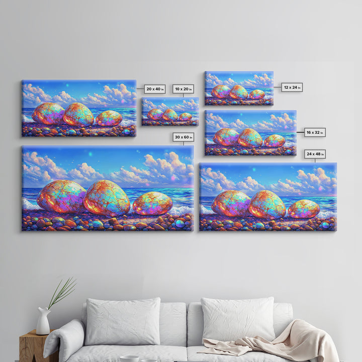 Iridescent Pebbles On Sunny Beach Canvas Print, Coastal Wall Art, Ocean Art Print, Beach House Decor, Colorful Nature Art