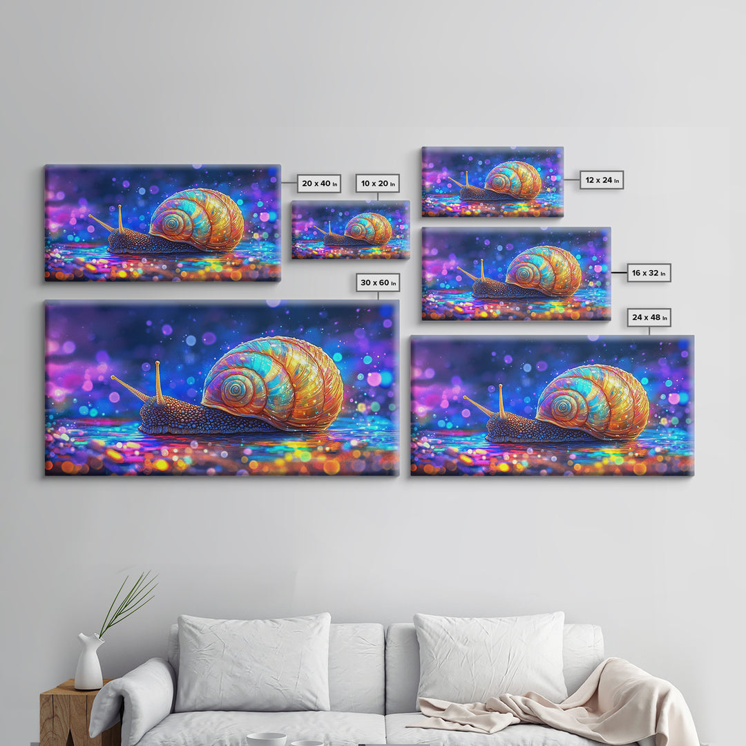 Glowing Rainbow Snail On Wet Ground Wall Art, Whimsical Animal Art Print, Nature Wall Art, Dopamine Decor, Unique Gift For Her