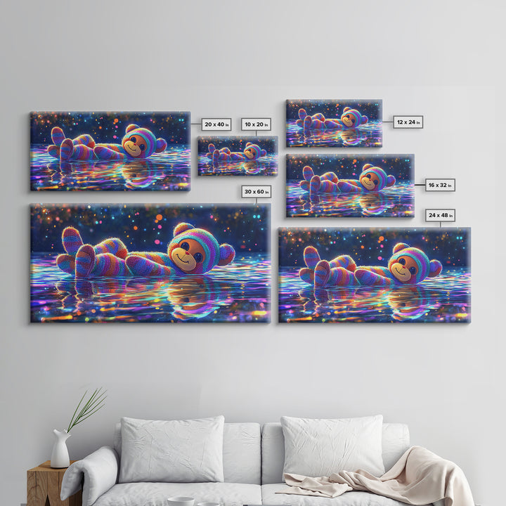 Rainbow Plush Teddy Bear On Reflective Water Wall Art, Cute Kids Room Art, Nursery Wall Art, Dopamine Decor, Baby Gift For Her