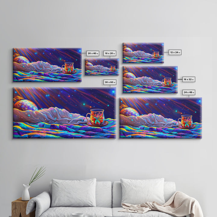 Celestial Bed And Tea Cup Under Stars Canvas Print, Cozy Bedroom Wall Art, Moon And Stars Decor, Dreamy Nursery Decor, Gift For Her