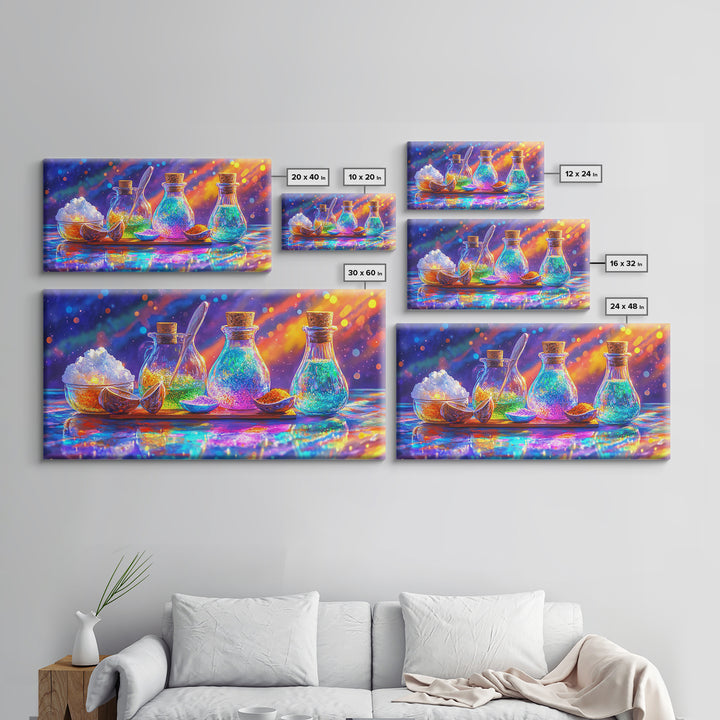 Rainbow Glass Spice Bottles With Salt And Citrus Canvas Print, Kitchen Wall Art, Colorful Decor, Food Art, Housewarming Gift