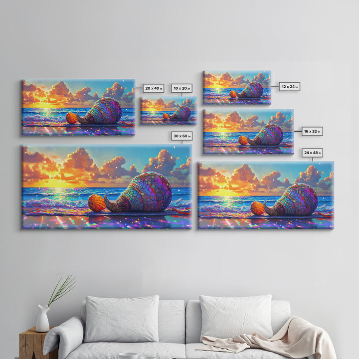 Mosaic Mermaid Tail Seashell At Ocean Sunset Canvas Print, Coastal Wall Art, Beach House Decor, Nautical Decor, Gift For Her