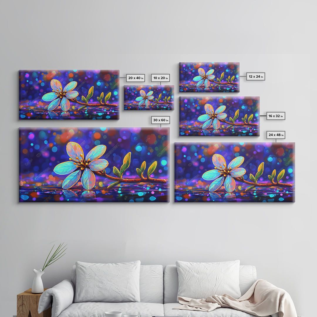 Delicate Blue Flower Branch With Bokeh Lights Canvas Print, Botanical Wall Art, Floral Wall Decor, Nature Art, Gift For Her