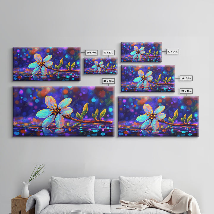 Delicate Blue Flower Branch With Bokeh Lights Canvas Print, Botanical Wall Art, Floral Wall Decor, Nature Art, Gift For Her