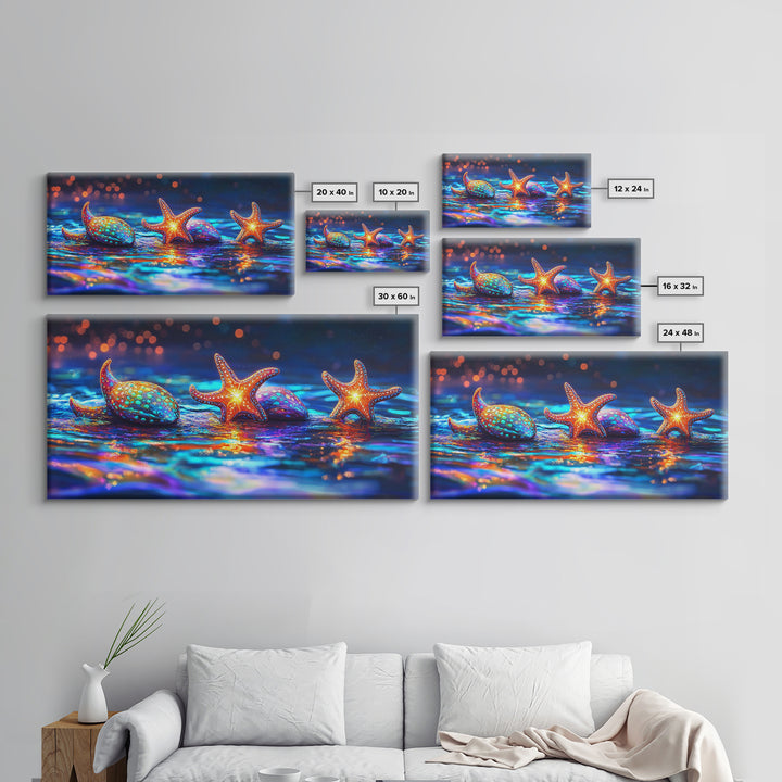 Glowing Starfish And Seashells On Neon Tide Canvas Print, Coastal Wall Art, Ocean Decor, Beach House Gift For Her, Living Room Decor