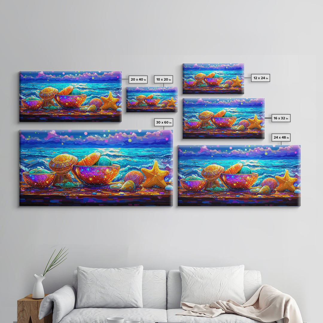 Rainbow Seashells And Starfish By Ocean Canvas Print, Coastal Wall Art, Beach House Decor, Nautical Living Room Art, Ocean Wall Decor