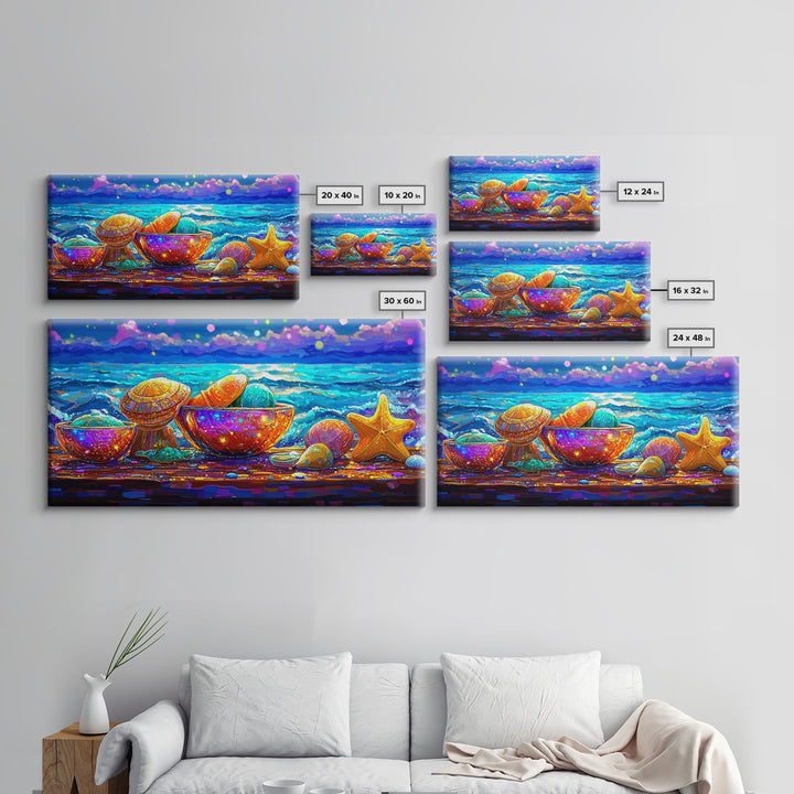 Rainbow Seashells And Starfish By Ocean Canvas Print, Coastal Wall Art, Beach House Decor, Nautical Living Room Art, Ocean Wall Decor