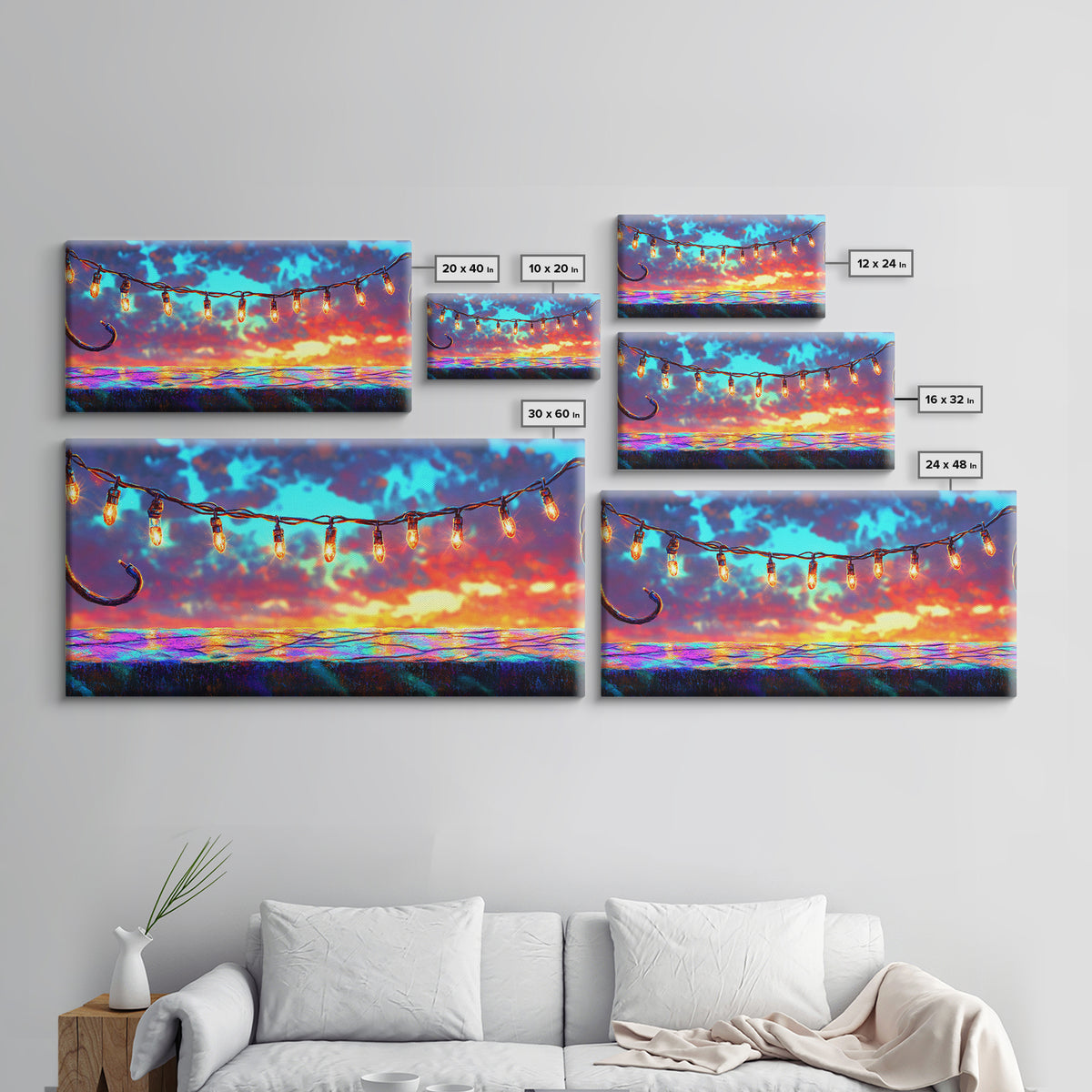 String Lights Over Sunset Patio Canvas Print, Outdoor Wall Art, Patio Decor, Rustic Home Decor, Summer Wall Decor, Gift For Her