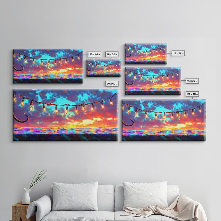 String Lights Over Sunset Patio Canvas Print, Outdoor Wall Art, Patio Decor, Rustic Home Decor, Summer Wall Decor, Gift For Her