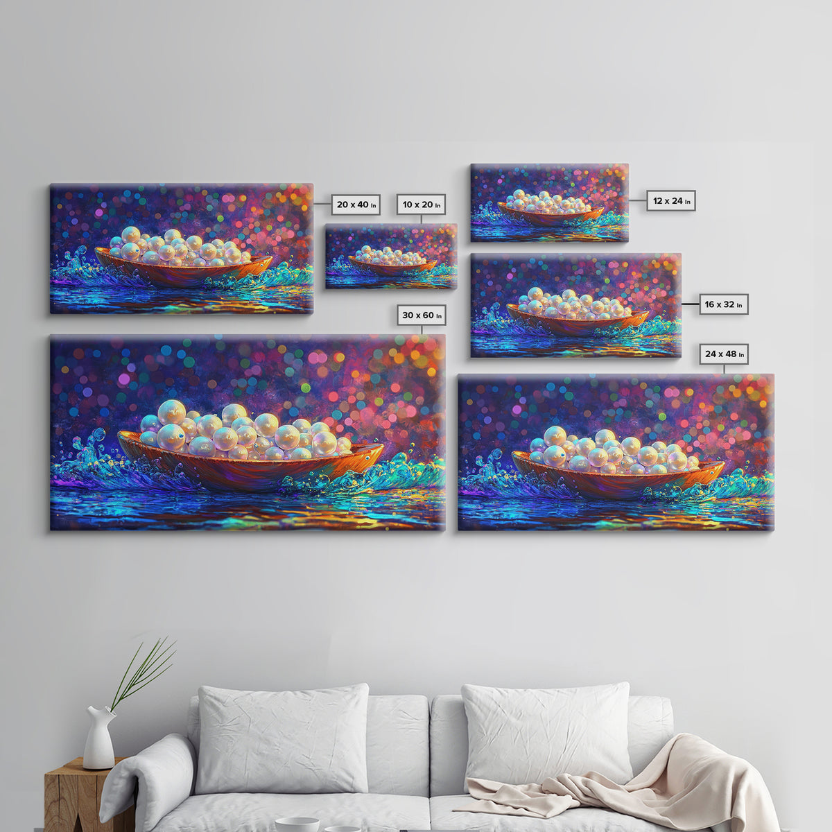 Glowing Pearls In Wooden Bowl Canvas Print, Coastal Wall Art, Ocean Decor, Elegant Bathroom Art, Luxury Home Decor, Gift For Her