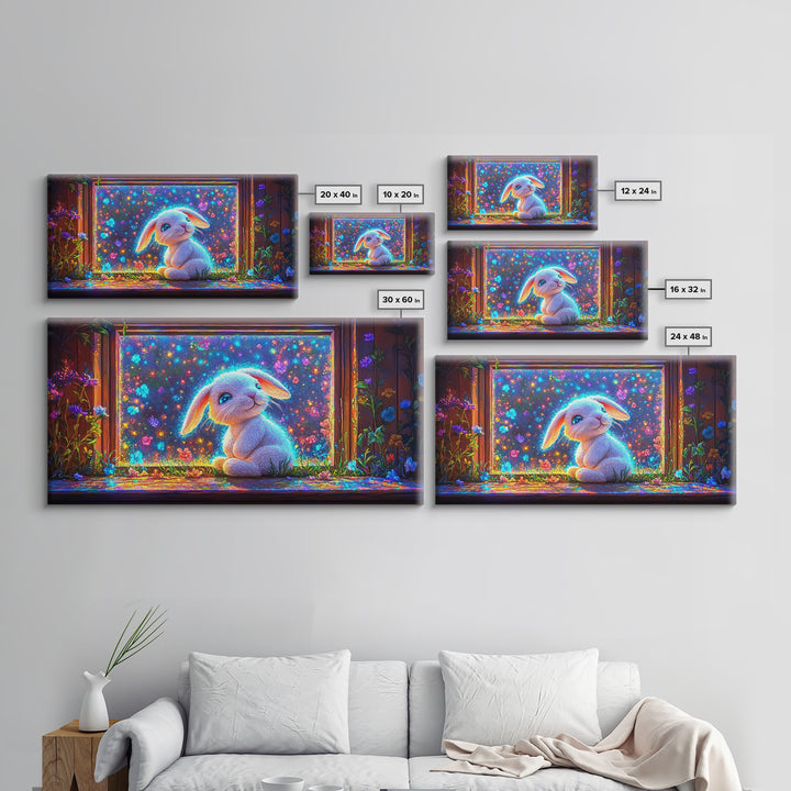 Glowing Bunny In Flower Window Canvas Print, Whimsical Wall Art, Nursery Decor, Kids Room Art, Cute Animal Gift, Baby Room Decor