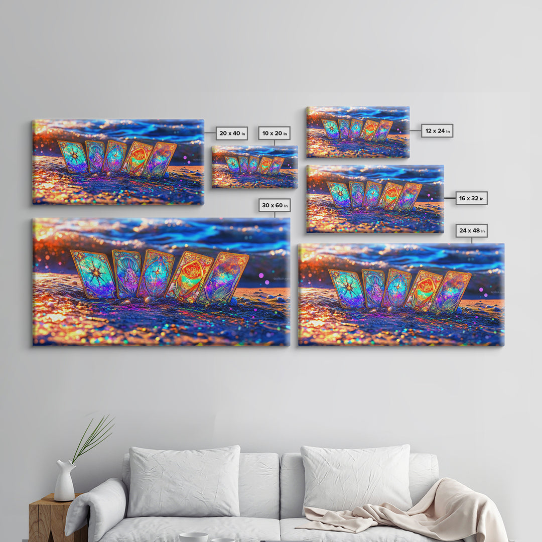 Glowing Tarot Cards On Ocean Shore Wall Art, Celestial Coastal Decor, Mystical Canvas Print, Witchy Gift For Her, Beach House Decor