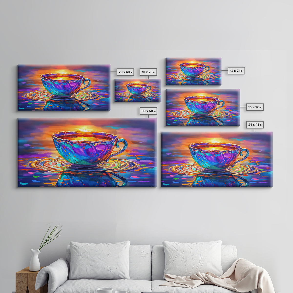Vibrant Teacup At Sunset Reflection Framed Canvas Print, Cozy Kitchen Wall Art, Coffee Bar Decor, Gift For Tea Lover, Home Decor