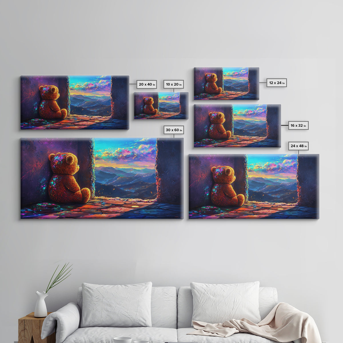 Teddy Bear Watching Mountain Sunset Wall Art, Whimsical Nursery Decor, Cozy Bedroom Canvas Print, Gift For Kids Room Wall Decor