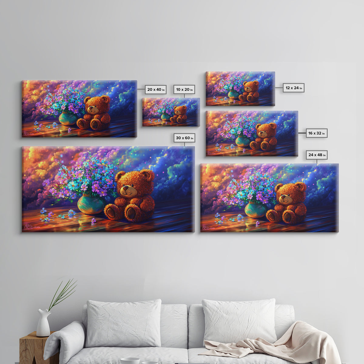 Smiling Teddy Bear With Colorful Wildflowers Canvas Print, Whimsical Nursery Wall Art, Kids Room Decor, Baby Shower Gift