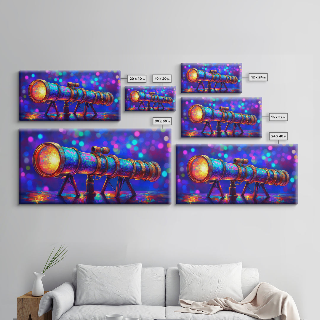 Rainbow Telescope With Cosmic Bokeh Wall Art, Astronomy Decor, Space Lover Canvas Print, Science Poster Gift For Him, Home Office Decor