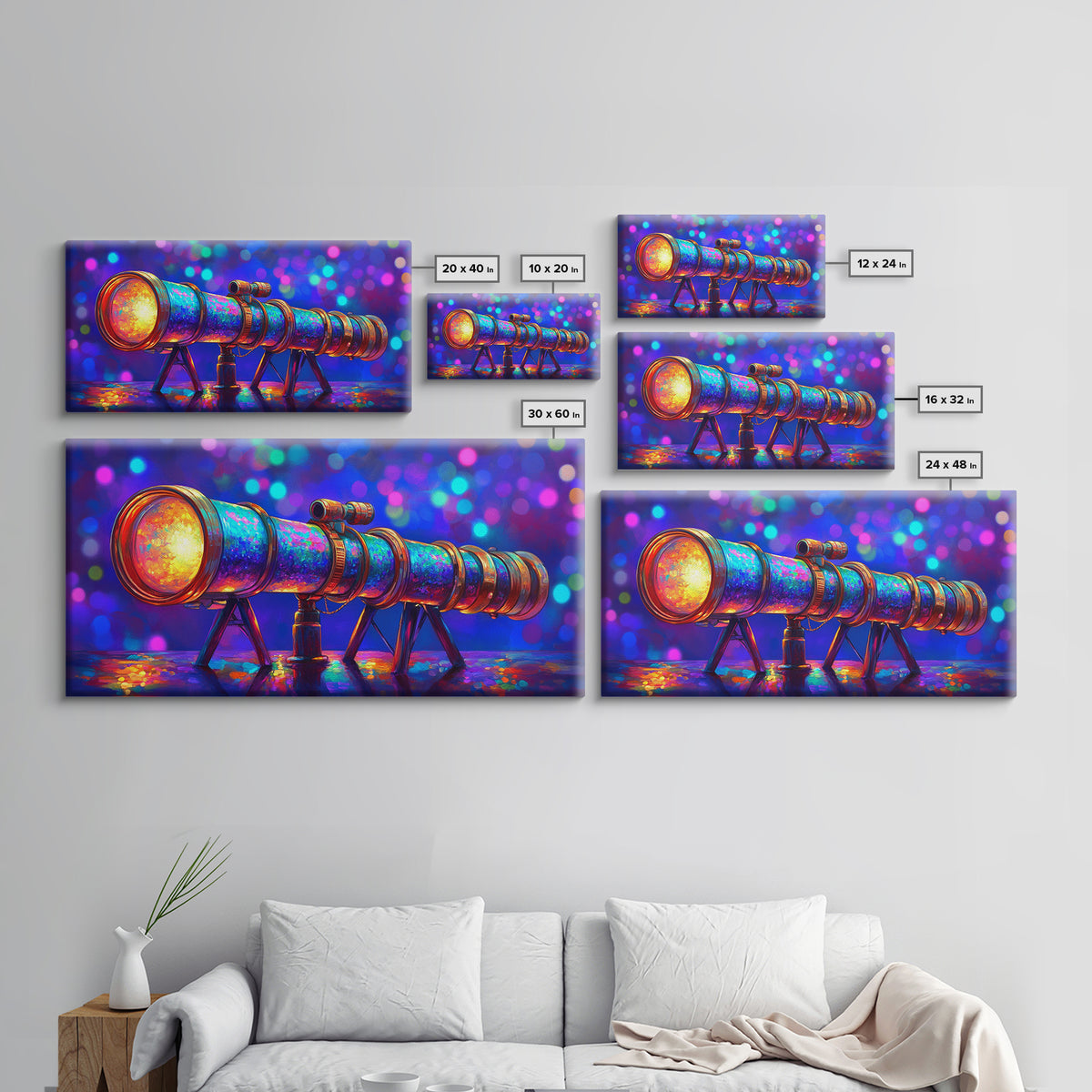 Rainbow Telescope With Cosmic Bokeh Wall Art, Astronomy Decor, Space Lover Canvas Print, Science Poster Gift For Him, Home Office Decor