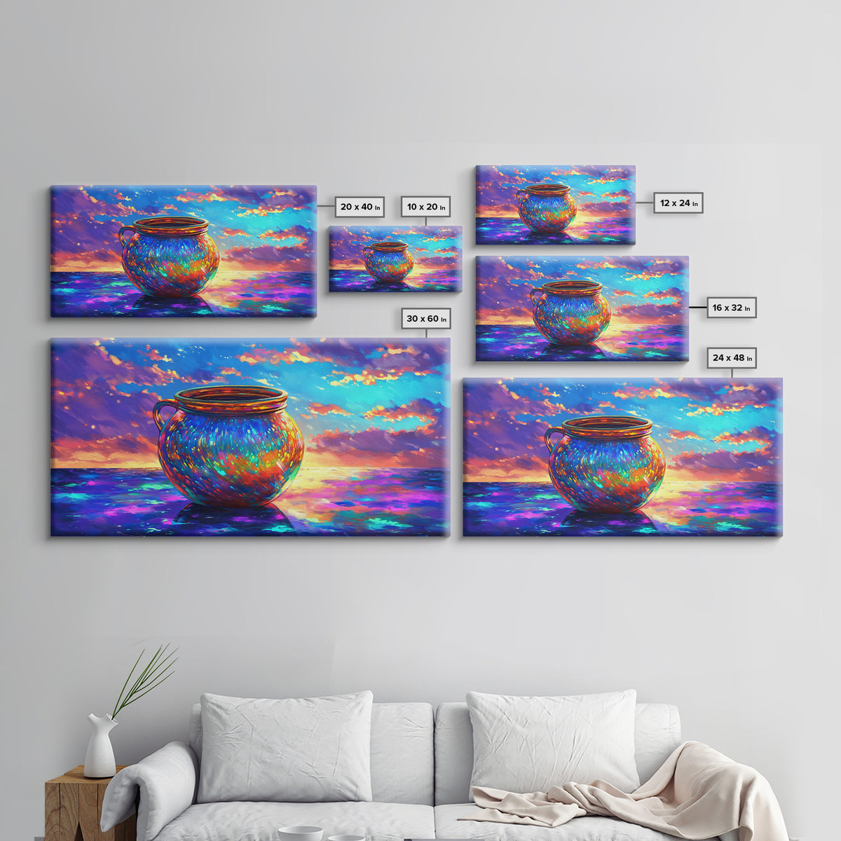 Iridescent Cauldron By Ocean Framed Canvas Print, Colorful Coastal Wall Art, Fantasy Seascape, Beach House Decor Gift Idea