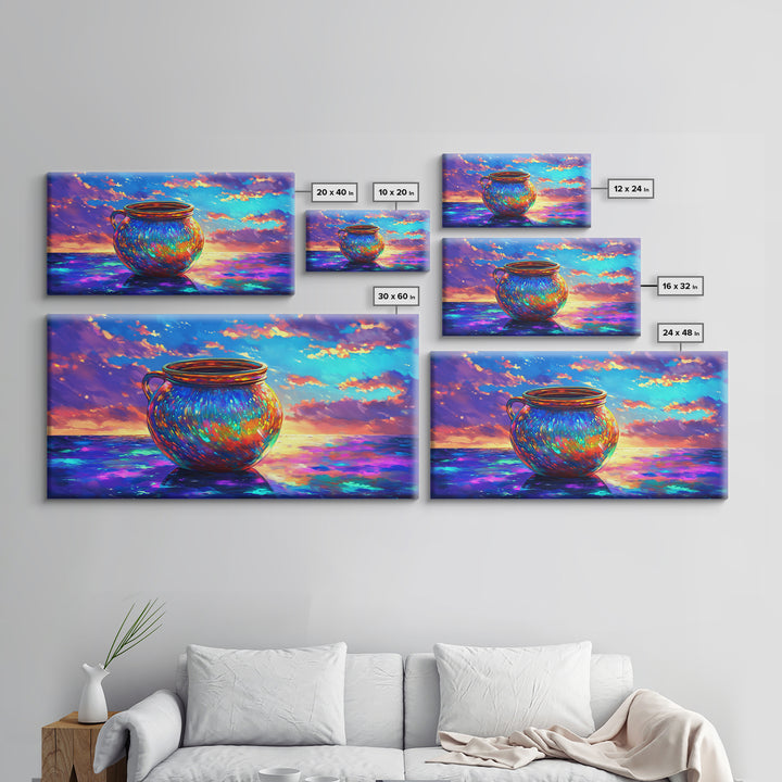 Iridescent Cauldron By Ocean Framed Canvas Print, Colorful Coastal Wall Art, Fantasy Seascape, Beach House Decor Gift Idea