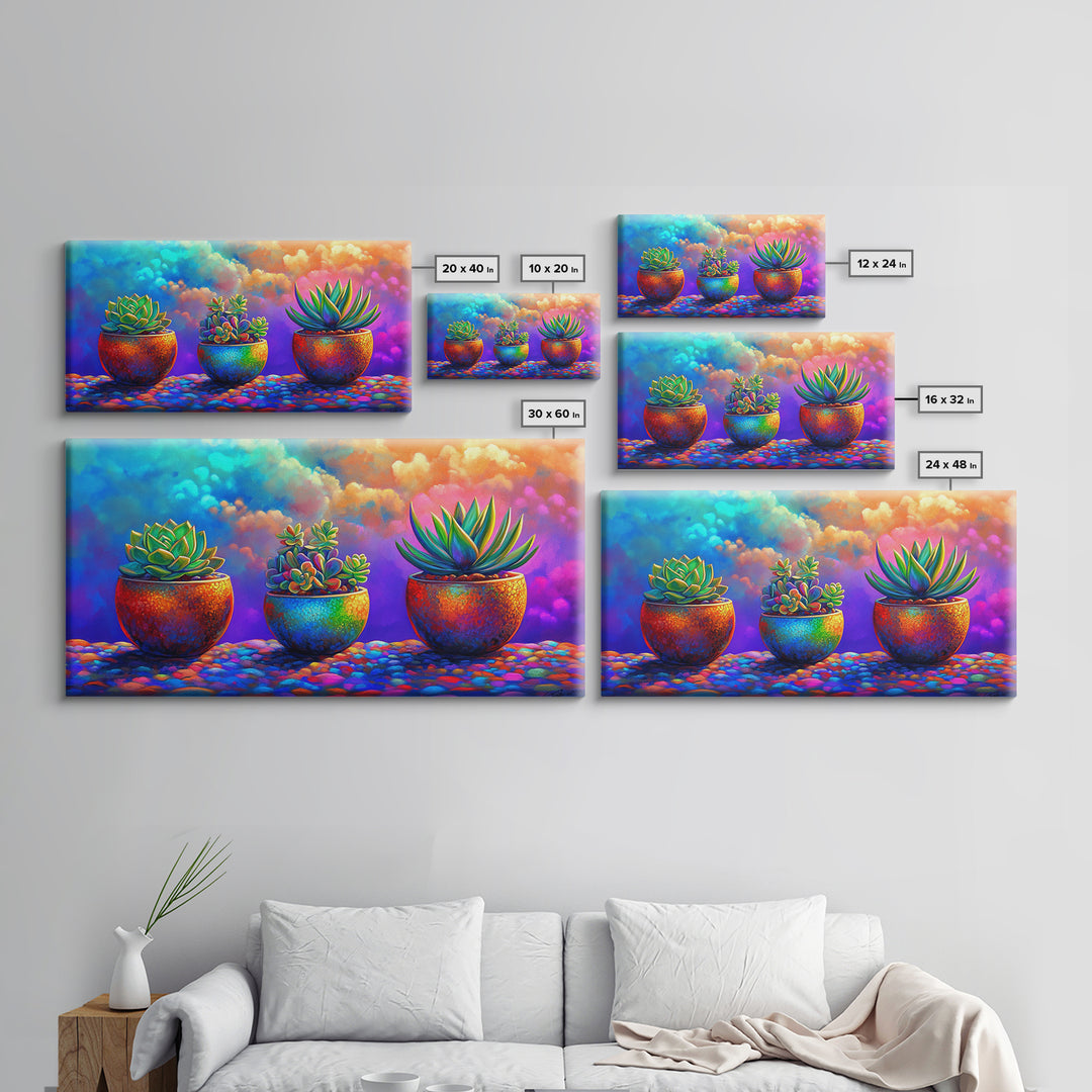 Three Rainbow Succulents Canvas Print, Colorful Botanical Wall Art, Boho Plant Decor, Living Room Art, Housewarming Gift