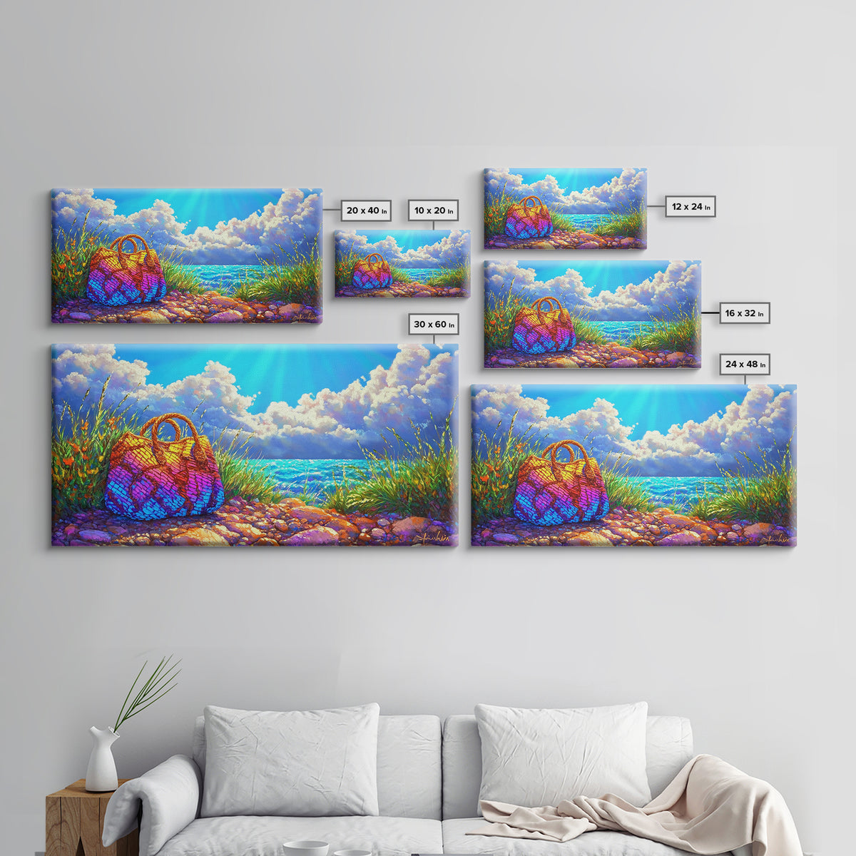 Rainbow Woven Beach Bag Wall Art, Coastal Canvas Print, Beach House Decor, Summer Ocean Art, Tropical Home Decor Gift Idea