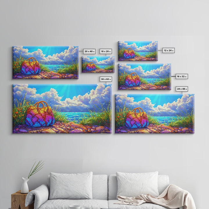 Rainbow Woven Beach Bag Wall Art, Coastal Canvas Print, Beach House Decor, Summer Ocean Art, Tropical Home Decor Gift Idea