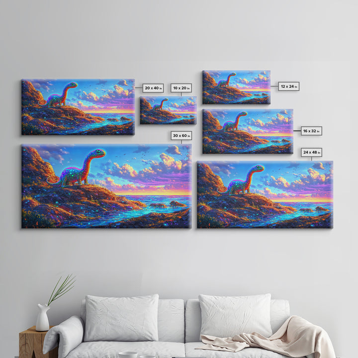 Sparkling Rainbow Dinosaur By Ocean Sunset Wall Art, Colorful Kids Room Decor, Whimsical Nursery Art, Coastal Fantasy Gift