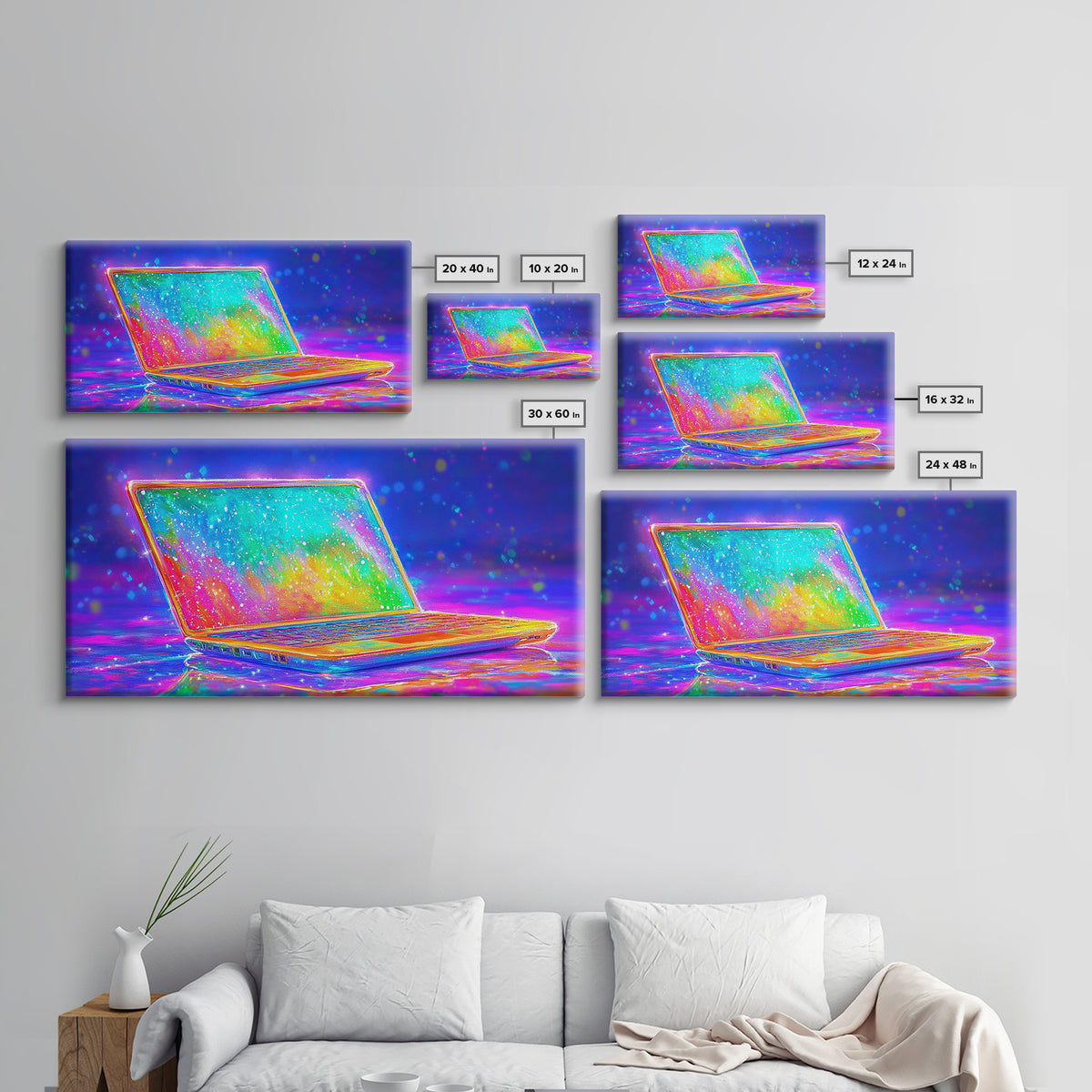 Neon Rainbow Laptop Canvas Print, Cyberpunk Office Wall Art, Tech Art, Gamer Room Decor, Futuristic Home Office Decor, Gift