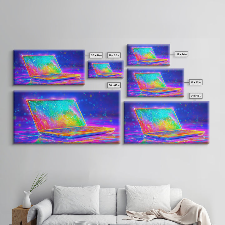 Neon Rainbow Laptop Canvas Print, Cyberpunk Office Wall Art, Tech Art, Gamer Room Decor, Futuristic Home Office Decor, Gift
