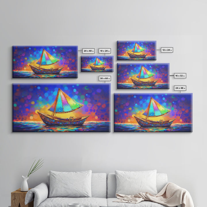 Glowing Rainbow Sailboat Canvas Print, Nautical Wall Art, Coastal Wall Decor, Ocean Nursery Decor, Beach House Decor, Seaside Art