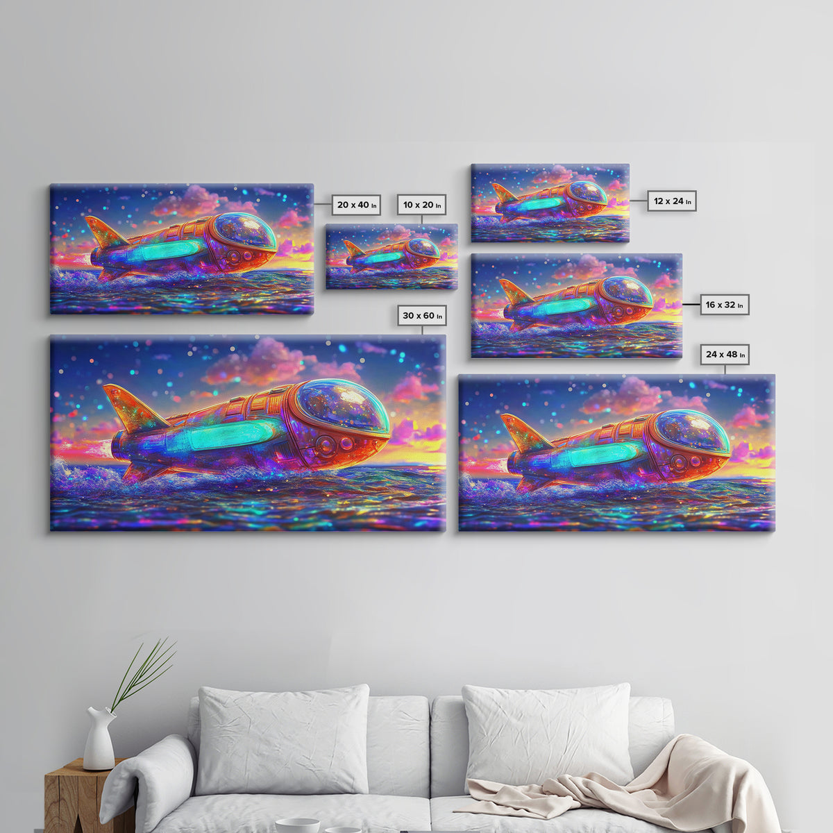 Rainbow Rocket Submarine Canvas Print, Futuristic Ocean Wall Art, Sci Fi Wall Decor, Space Lover Gift, Coastal Nursery Art
